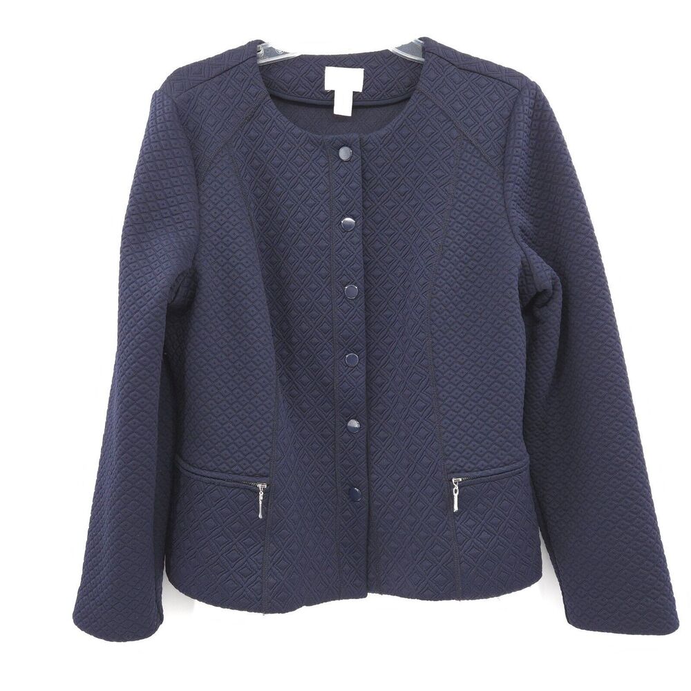 Chico's navy quilted knit short jacket Size 2 (L-12) snap front nautical coastal